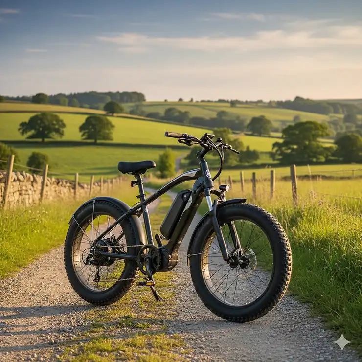A premium fat tyre electric bike parked on a gravel path in the British countryside with rolling green hills in the background. fat tyre electric bike
