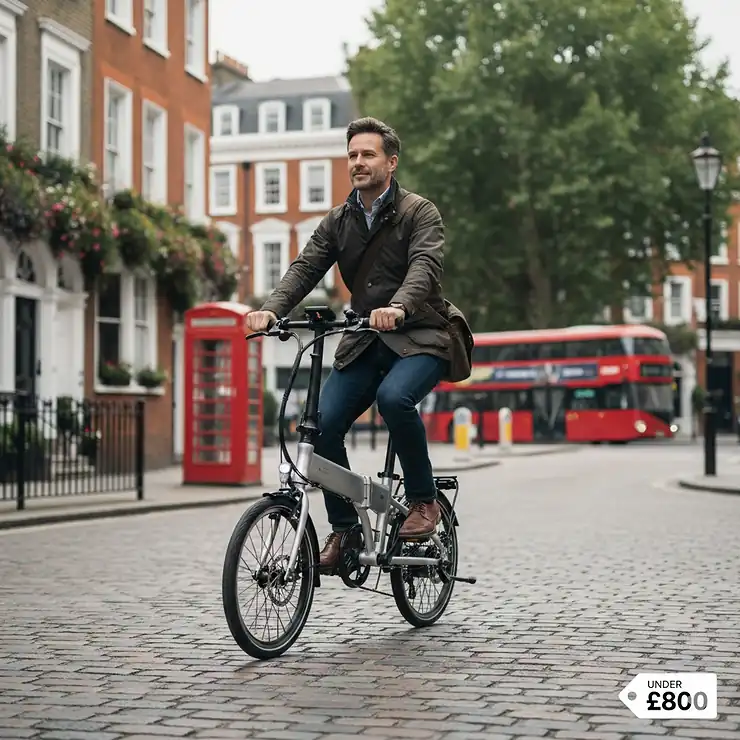 A commuter riding a compact silver folding electric bike under £800 through a paved London street with a red telephone box and double-decker bus in the background. folding electric bike under £800