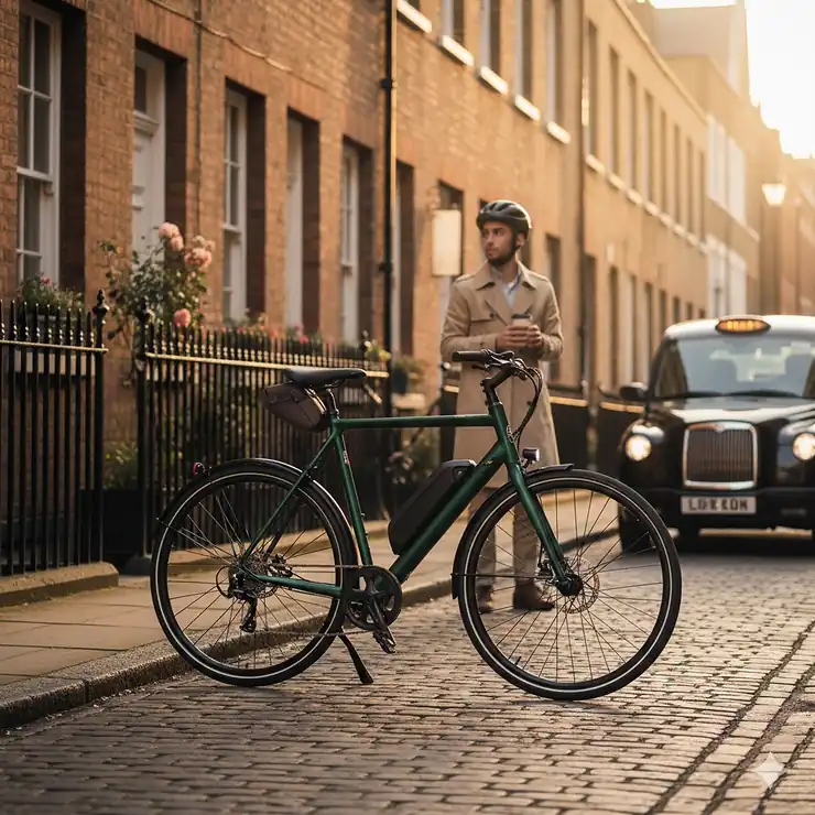 A sleek, lightweight electric bike under 20kg leaned against a brick wall in a London street, showing its slim frame and integrated battery.