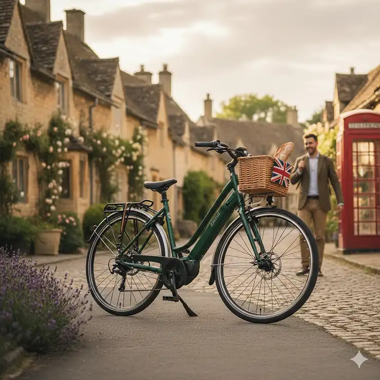 A person riding a modern step-through electric bike along a paved British cycle path with integrated mudguards and a rear pannier rack. step through electric bike