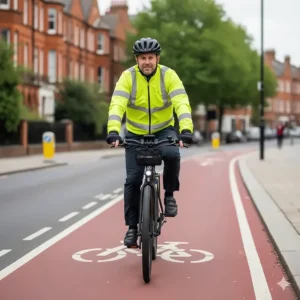 A male cyclist wearing a safety helmet and high-visibility yellow jacket riding an EAPC electric bike in a dedicated London cycle lane.