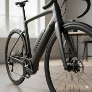 Detailed view of a carbon fibre frame on a lightweight electric bike under 20kg, emphasising the premium build quality.
