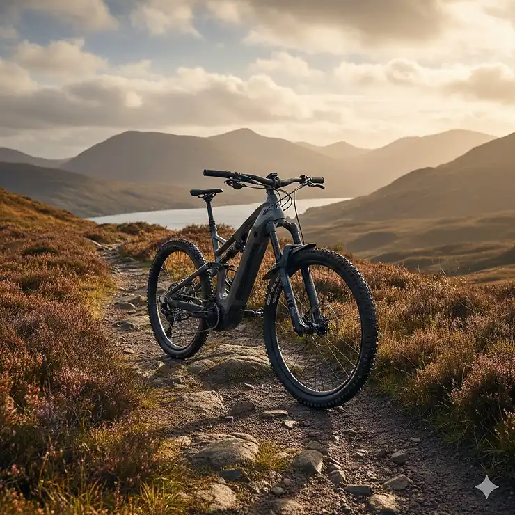 A high-performance carbon full suspension eMTB being ridden on a technical forest trail in the UK. full suspension emtb