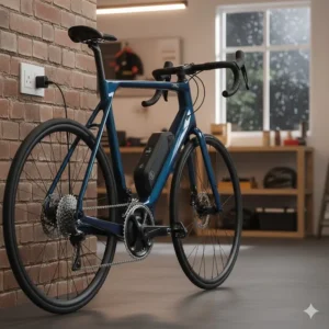 An electric road bike plugged into a standard UK three-pin wall socket for charging in a domestic garage.