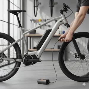 A person plugging a charger into the frame port of a hardtail electric mountain bike in a home garage.