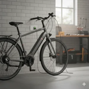 Alt text for image 4: A long range electric bike charging in a tidy British residential garage using a standard UK three-pin plug.