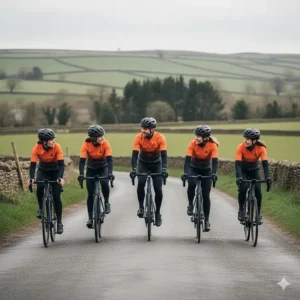 A group of cyclists on a Sunday club run including an electric road bike, demonstrating social pace-matching.