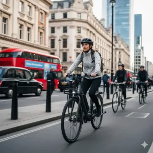 A commuter riding a step-through electric bike through a busy UK city centre during the morning rush hour.