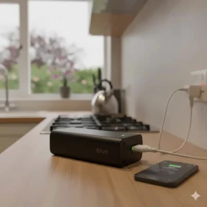 A removable e-bike battery being charged on a wooden kitchen worktop using a standard UK three-pin plug socket.