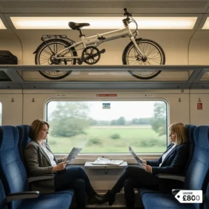 A compact folding e-bike stored securely in the luggage area of a UK commuter train carriage.