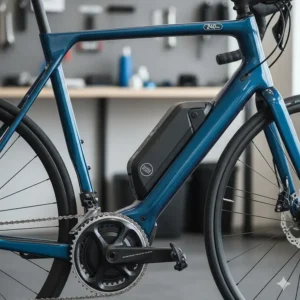 Close-up illustration of an integrated electric road bike battery and motor system, indicating long-range capability for UK sportives.