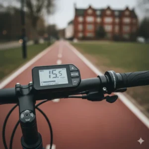 A first-person view of an EAPC handlebar display showing a 15.5mph assistance limit while riding on a red-surfaced UK cycle path.