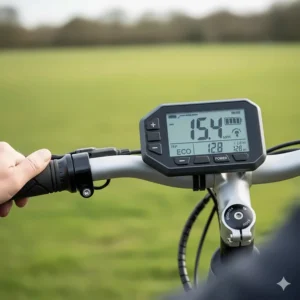 Close-up of a large, high-contrast LCD handlebar display showing speed, battery level, and assist mode in clear text.