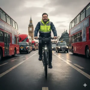 Alt text for image 3: A professional commuter riding a long range electric bike past the Houses of Parliament in London during morning rush hour.