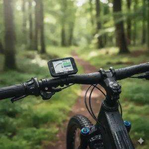 Handlebar view of an electric mountain bike showing the digital display and power assistance levels.