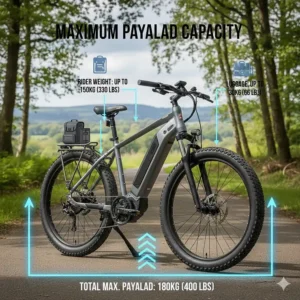 A clear infographic showing an electric bike's maximum payload capacity, including rider and luggage.