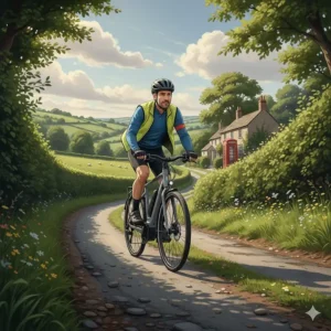 Alt text for image 5: A cyclist using the motor assistance of a long range electric bike to comfortably climb a steep and narrow rural lane in the Cotswolds.