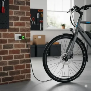 A close-up of a fast charging electric bike plugged into a standard UK three-pin socket on a brick wall in a home garage.