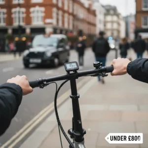 Close-up of the handlebar-mounted LED display and power assistance controls on a budget folding electric bike.