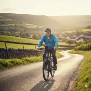 A senior cyclist effortlessly riding up a steep hill using the high-torque pedal assist mode on a modern e-bike.