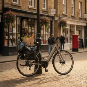 An electric bike parked outside a British high street shop with rear pannier bags loaded with groceries.