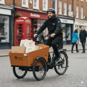 A person riding an electric cargo bike used for local deliveries in a traditional British town centre with a red telephone box in the background.