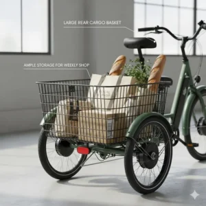 Alt text for image 4 Illustration of a large rear cargo basket on an adult electric trike, holding several reusable shopping bags and a parcel.