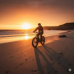 A person riding a fat tyre electric bike along a sandy British coastline at sunset.