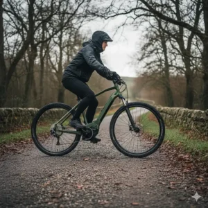 Alt text for image 5 A hybrid e-bike with all-terrain tyres being ridden on a damp gravel trail through the green British countryside.
