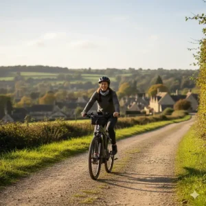 A woman cycling an electric hybrid bike on a gravel path in the Cotswolds, showcasing versatile tyres for mixed terrain.
