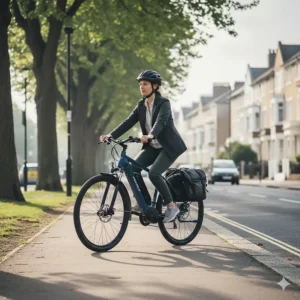 A versatile electric mountain bike under £2000 being used for a daily commute on UK roads and paths.