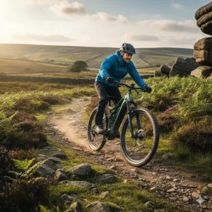A cyclist riding an off-road EAPC electric mountain bike on a rugged trail in the British countryside during late afternoon sun.