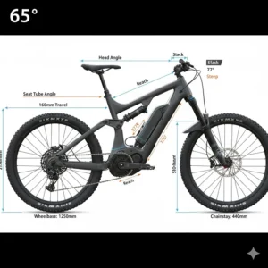Geometry chart showing the slack head angle and steep seat tube of a long-travel full suspension eMTB.