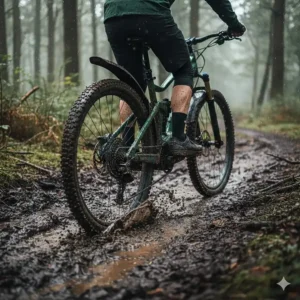 An electric mountain bike with wide tyres and mudguards tackling a wet, muddy trail in the UK.