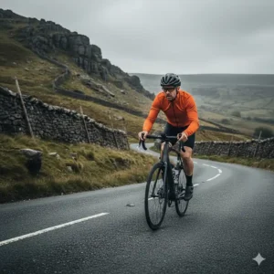 A rider using the power assist of an electric road bike to navigate a steep climb in the Peak District.