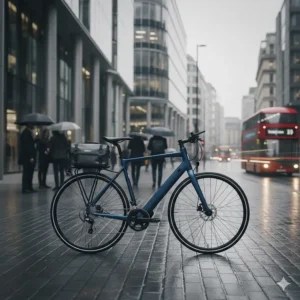 An e-road bike parked outside a modern office building in London, highlighting its sleek design for urban commuting.