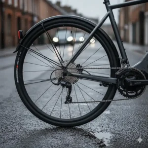 Detail view of an electric road bike equipped with full-length mudguards and hydraulic disc brakes for wet UK weather conditions.