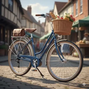 A stylish vintage-style electric bike for women featuring a large front wicker basket and a sturdy rear luggage carrier.