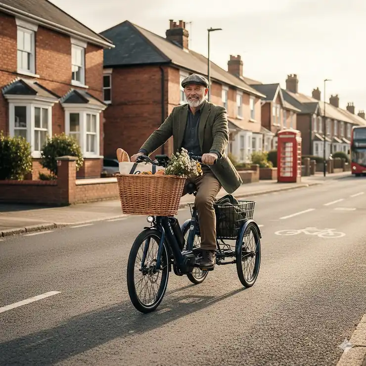 Alt text for image 1 A senior man riding a navy blue electric tricycle for adults down a residential British street with a front basket full of groceries. electric tricycle for adults