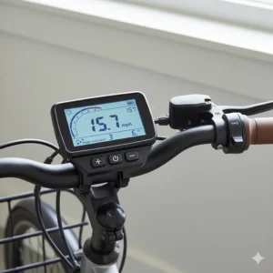 Alt text for image 5 A clear view of the handlebar-mounted LCD display on an electric tricycle, showing speed in mph and the pedal-assist level.