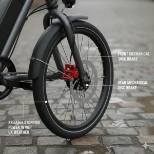 Alt text for image 7 Illustration of the front and rear mechanical disc brake system on an electric tricycle for reliable stopping in wet UK weather.