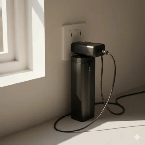 Alt text for image 2 Close-up illustration of a removable lithium-ion battery being charged from a standard UK three-pin wall socket for an electric tricycle.