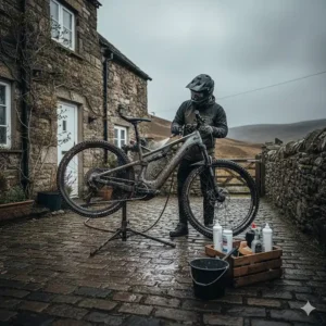 A cyclist cleaning a full suspension eMTB after a muddy ride to maintain the pivot bearings and drivetrain.