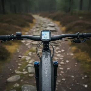 The handlebars and digital display of a full suspension eMTB showing assist modes and battery range.