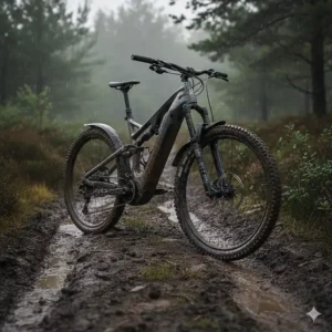 A full suspension eMTB equipped with mudguards and aggressive tread tyres for wet UK trail conditions.