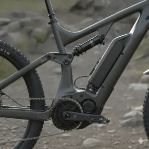 Detailed diagram of a four-bar linkage rear suspension system on an electric mountain bike.