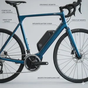 Diagram showing the comfortable endurance geometry of a UK-spec electric road bike for long-distance riding.