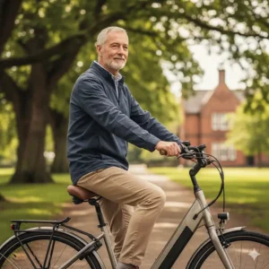 Illustration of an upright riding position with swept-back handlebars and a wide padded gel saddle for maximum comfort.