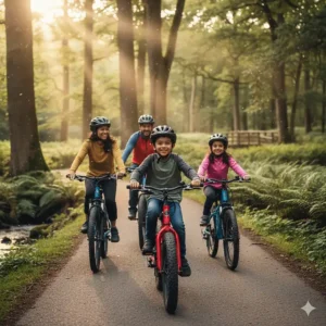 A British family enjoying an outdoor cycling trip with the youngest child on a kids electric bike.