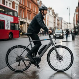 A male cyclist in a helmet riding a fast charging electric bike through a wet London street past a red bus and black taxi.